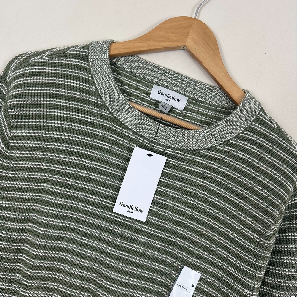 Goodfellow & Co Ribbed Knit Sweater Green White Striped Long Sleeve Mens Medium